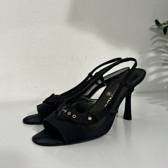 Chanel 02A Black Satin Open-Toe Slingback Heels with Gold Logo Buckle - Picture 1 of 9